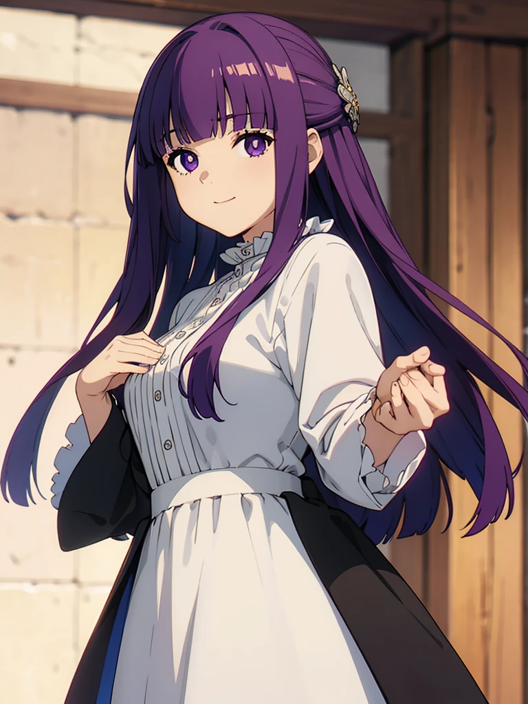 è²ä¼¦,1girl,solo,purple hair,long hair,purple eyes,blunt bangs,sidelocks,half updo,bright pupils, hair ornament,frilled collar,black robe,white dress,center frills,buttons,wide sleeves,long sleeves,curvy,cowboy shot,brown coat,from side,smile,, Exquisite visuals, high-definition,masterpiece,best quality,, 20yo,Young female,Beautiful Finger,Beautiful long legs,Beautiful body,Beautiful Nose,Beautiful character design, perfect eyes, perfect face,expressive eyes, looking at viewer, official art,extremely detailed CG unity 8k wallpaper, perfect lighting,Colorful, Bright_Front_face_Lighting,shiny skin, (masterpiece:1.0),(best_quality:1.0), ultra high res,4K,ultra-detailed, photography, 8K, HDR, highres, absurdres:1.2, Kodak portra 400, film grain, blurry background, bokeh:1.2, lens flare, (vibrant_color:1.2), (beautiful_face:1.5),(narrow_waist),