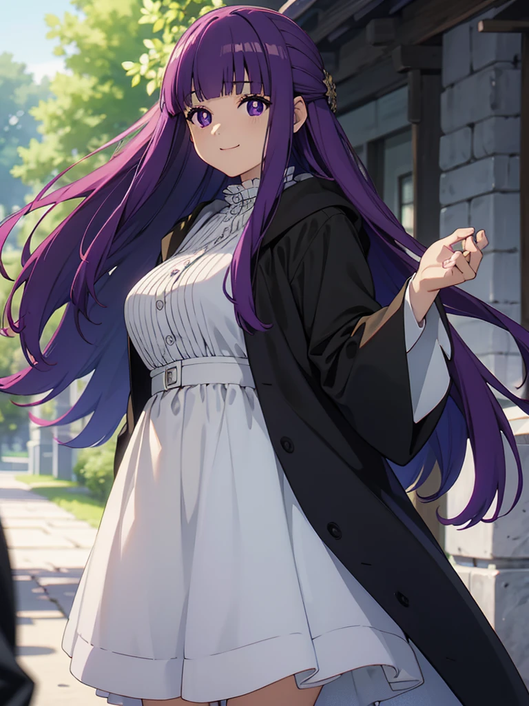 è²ä¼¦,1girl,solo,purple hair,long hair,purple eyes,blunt bangs,sidelocks,half updo,bright pupils, hair ornament,frilled collar,black robe,white dress,center frills,buttons,wide sleeves,long sleeves,curvy,cowboy shot,brown coat,from side,smile,, Exquisite visuals, high-definition,masterpiece,best quality,, 20yo,Young female,Beautiful Finger,Beautiful long legs,Beautiful body,Beautiful Nose,Beautiful character design, perfect eyes, perfect face,expressive eyes, looking at viewer, official art,extremely detailed CG unity 8k wallpaper, perfect lighting,Colorful, Bright_Front_face_Lighting,shiny skin, (masterpiece:1.0),(best_quality:1.0), ultra high res,4K,ultra-detailed, photography, 8K, HDR, highres, absurdres:1.2, Kodak portra 400, film grain, blurry background, bokeh:1.2, lens flare, (vibrant_color:1.2), (beautiful_face:1.5),(narrow_waist),