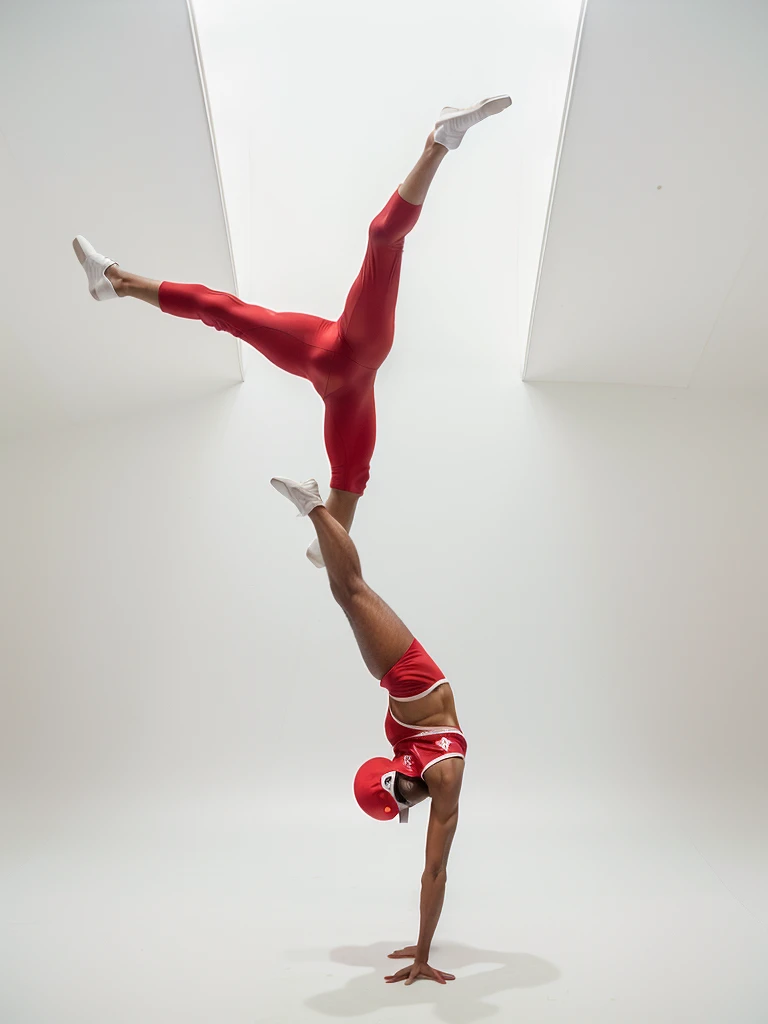 araffe doing a handstand on a white background with a red hat, playful pose of a dancer, dynamic dancing pose, breakdancing, acrobatic pose, dynamic moving pose, portrait of combat dancer, perfect dynamic pose, dramatic action pose, very artistic pose, in an action pose, handsome hip hop young black man, contemporary dance poses
