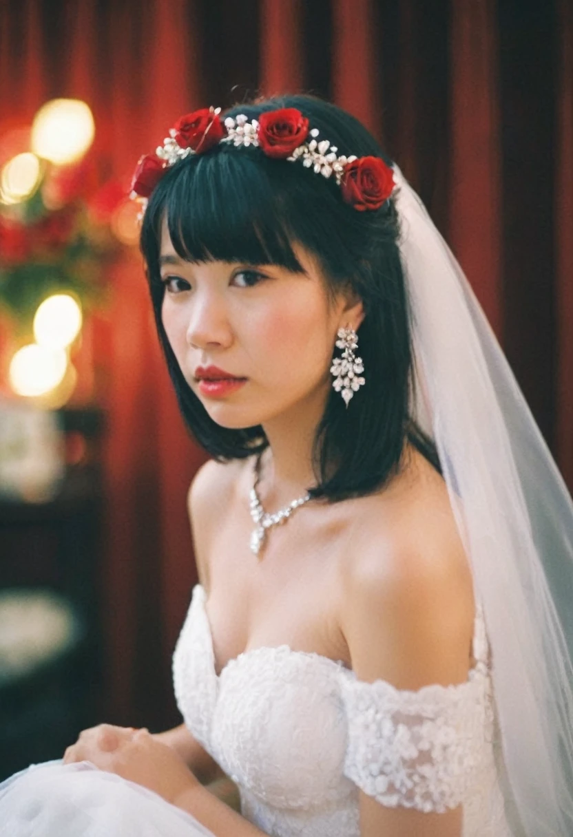 1girl, asian girl,solo, candid, black hair, dress, off shoulders, brown eyes, jewelry, collarbone, upper body, looking at the camera, flower, earrings, indoors, necklace, white dress, blurry, lips, strapless, blurry background, tiara, veil, strapless dress, red rosesbouquet, wedding dress, realistic, candle, bridal veil, bride, film grain