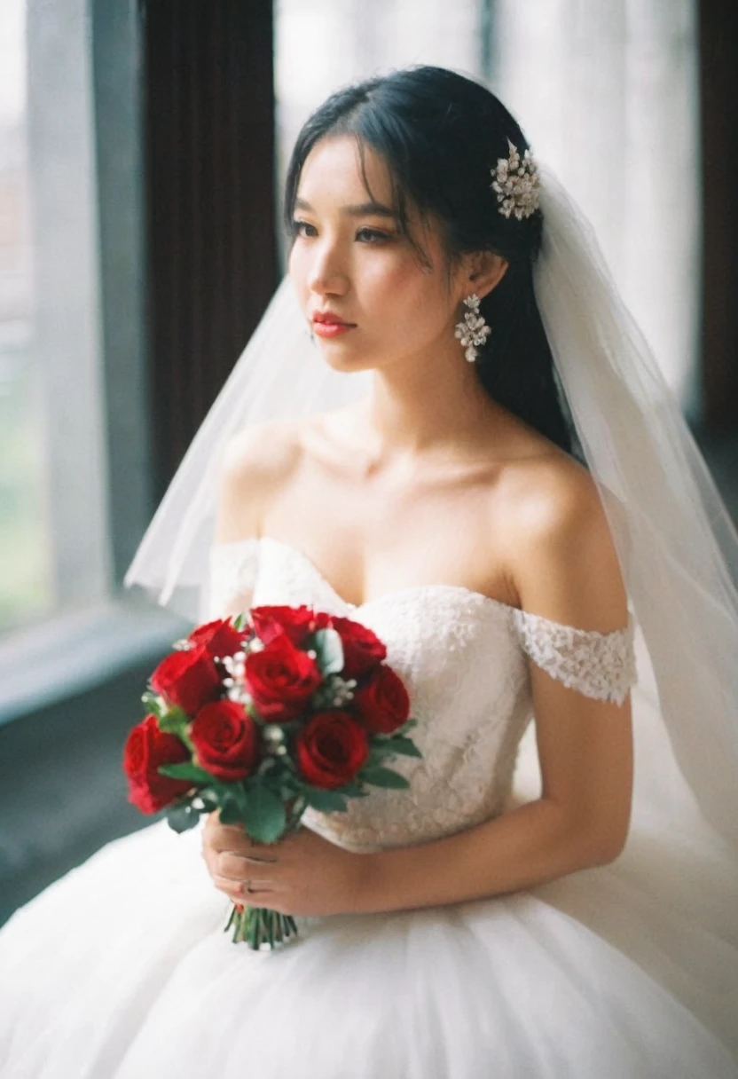 1girl, asian girl,solo, candid, black hair, dress, off shoulders, brown eyes, jewelry, collarbone, upper body, looking at the camera, flower, earrings, indoors, necklace, white dress, blurry, lips, strapless, blurry background, tiara, veil, strapless dress, red rosesbouquet, wedding dress, realistic, candle, bridal veil, bride, film grain