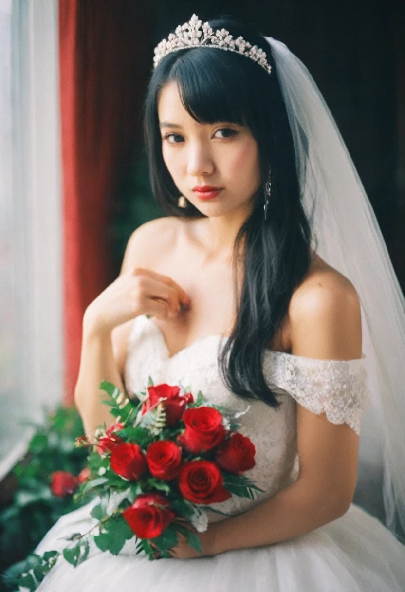 1girl, asian girl,solo, candid, black hair, dress, off shoulders, brown eyes, jewelry, collarbone, upper body, looking at the camera, flower, earrings, indoors, necklace, white dress, blurry, lips, strapless, blurry background, tiara, veil, strapless dress, red rosesbouquet, wedding dress, realistic, candle, bridal veil, bride, film grain