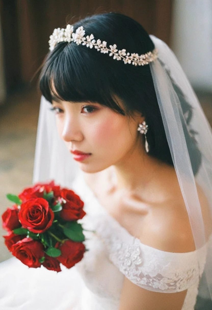 1girl, asian girl,solo, candid, black hair, dress, off shoulders, brown eyes, jewelry, collarbone, upper body, looking at the camera, flower, earrings, indoors, necklace, white dress, blurry, lips, strapless, blurry background, tiara, veil, strapless dress, red rosesbouquet, wedding dress, realistic, candle, bridal veil, bride, film grain