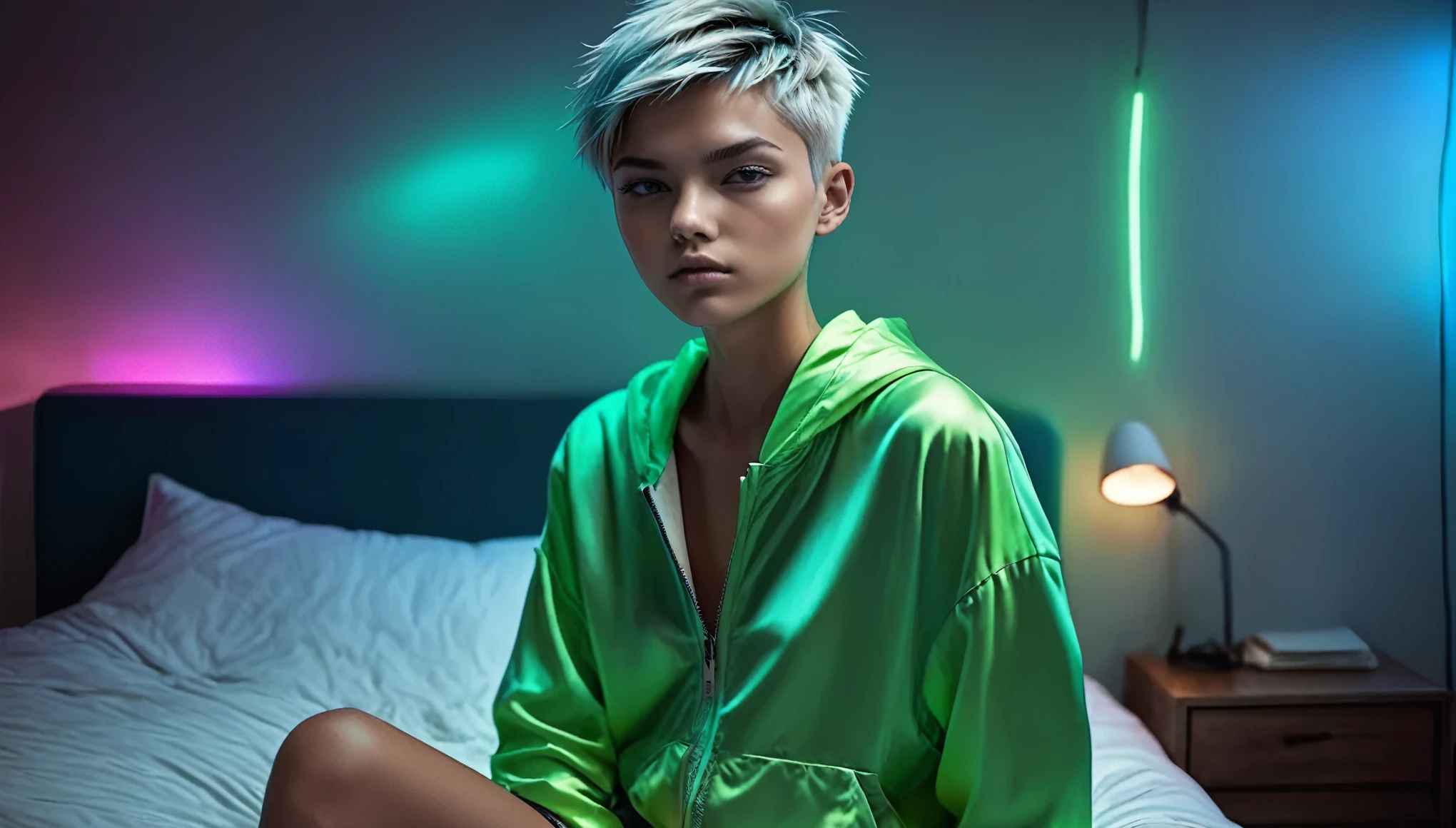 Top Quality, Masterpiece, High Resolution, 8k, ((r, 16 Yearomboy girl in short silky oversized huddie with plunging neckline under the armpits und satin shorts, side boob, wide neckline, deep neckline)), (bare belly, small perky breasts, detailed face, detailed eyes, thin eyebrow, detailed lips, small hips, no makeup, some tattoos), (tomboy, Tomboy Style, tomboyish), (randowm short hair style, straight hair, short pixie cut hair), (((on the bed, moody atmosphere, dim light, dramatic and neon colors, futuristic setting, intricate details, at night, random pose, neon colors))), full body view