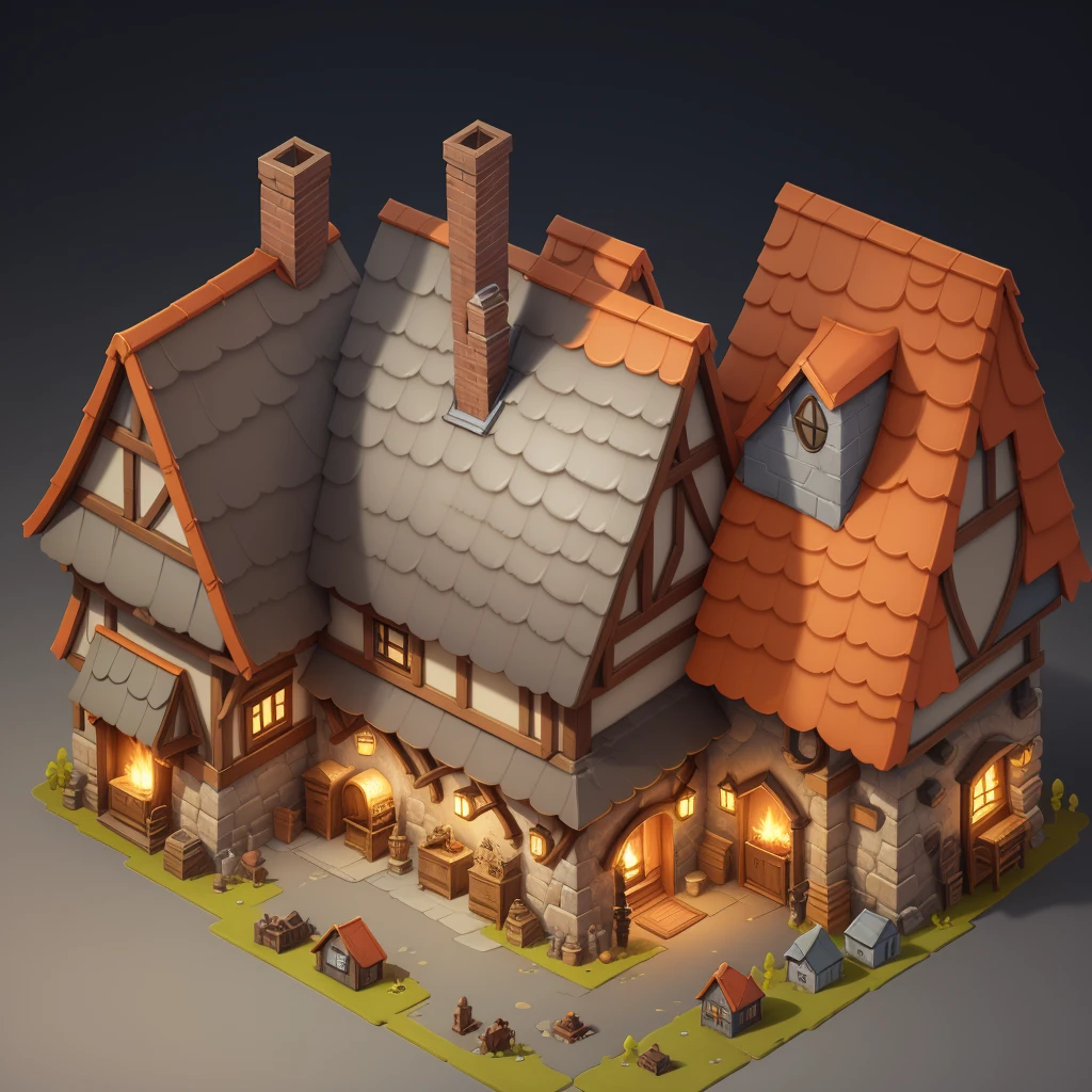 Close up of a small house with a chimney and fire, Stylized game art, A cozy pub, stylized concept art, 3D rendering style, Stylized 3d rendering, Detailed game art, Draw as game concept art, Andreas Rocha style, Game assets, RPG Game Environment Assets, middle Ages, Isometric 2D Game Art