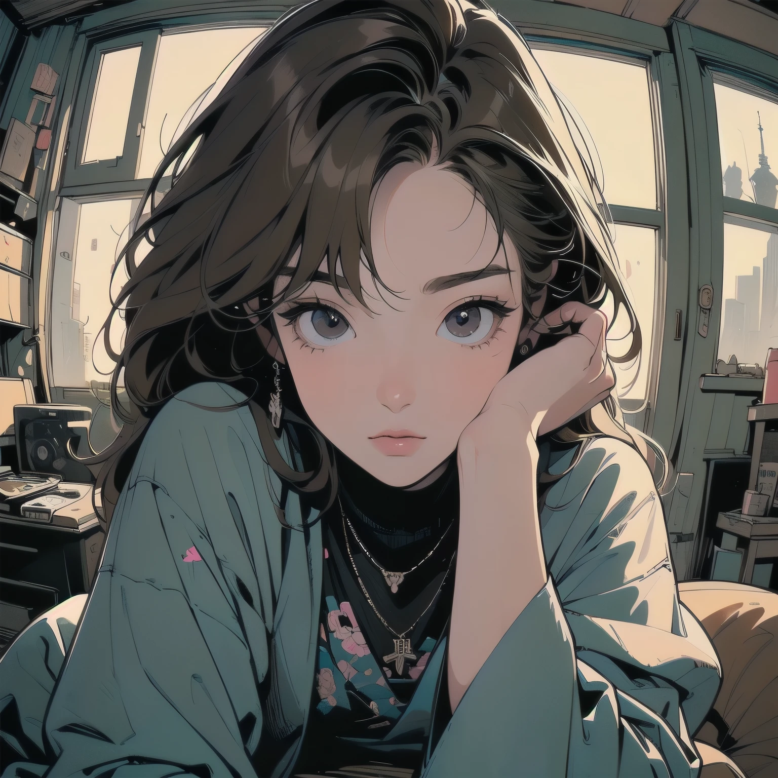 sitting on the couch in the living room、One woman, (((Perfect very beautiful face)))、(((東京のrooftopパティオ))), Futuristic Apartment, rooftop, Cyberpunk settings, Decaying house. Lo-fi portrait by the window, Cozy place, Post-apocalyptic perspective, Cyberpunk Apartment, (((After shower))), Mr.々Angle、(((Very dull color)))、Ultra detailed background、Detailed Hair、Cowboy Shot、(((A room with many machines)))、(((gear)))、flower、(((Fisheye Lens)))、Gorgeous light leaks、Light brown hair color、(((neon)))、Lo-fi look、Hand Stretching Pose