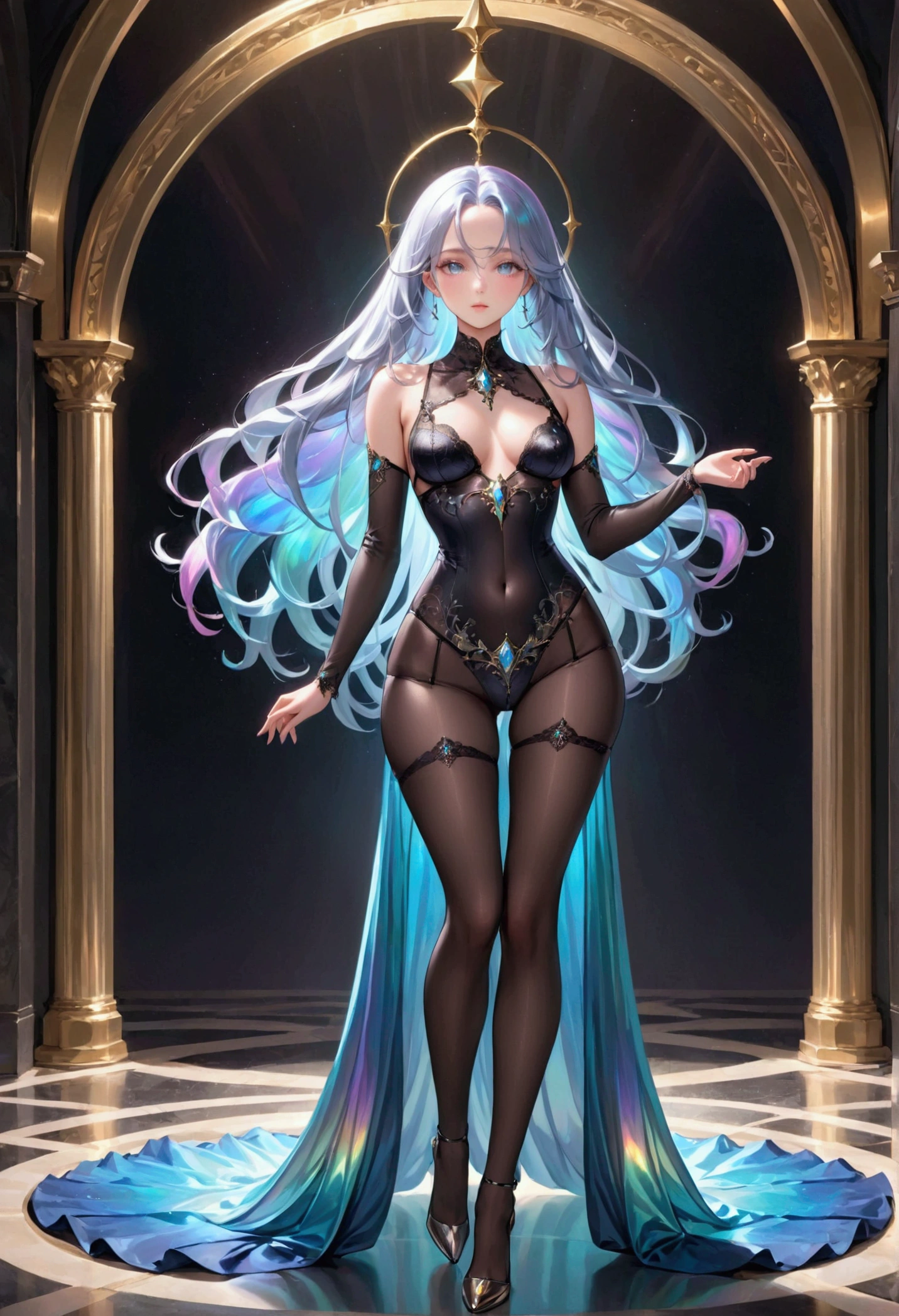 body type features a narrow waist with wider hips and shoulders, giving it an hourglass shape, long iridescent hair, iridescent eyes, full body black lingerie