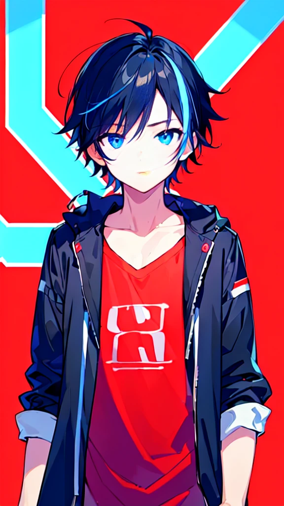 [(RED BACKGROUND:1.5),::5], ((((masterpiece)))), high quality, ultra very high resolution, full color, (((solo))), (()), BLACK hair, (Blue streaked hair), (oriental deepblue eyes), anime, ((upper body)), Summer clothes, neon light, black parka, 