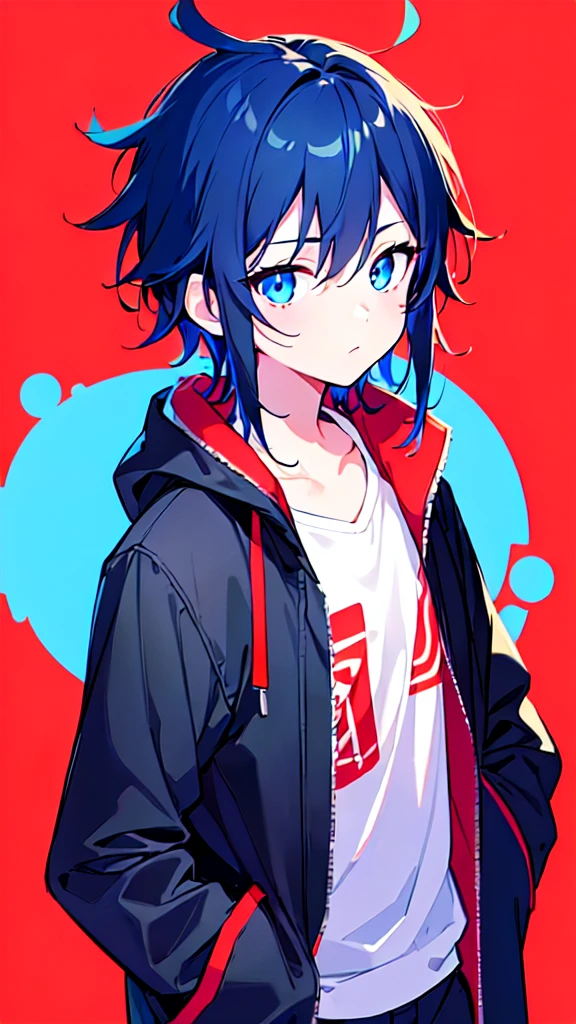 [(RED BACKGROUND:1.5),::5], ((((masterpiece)))), high quality, ultra very high resolution, full color, (((solo))), (()), BLACK hair, (Blue streaked hair), (oriental deepblue eyes), anime, ((upper body)), Summer clothes, neon light, black parka, 