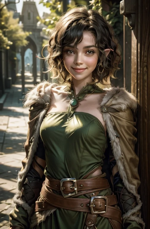 She's a half-elf, with short curly hair, cute and spritely with a twinkle in her eye and a smile on her face.