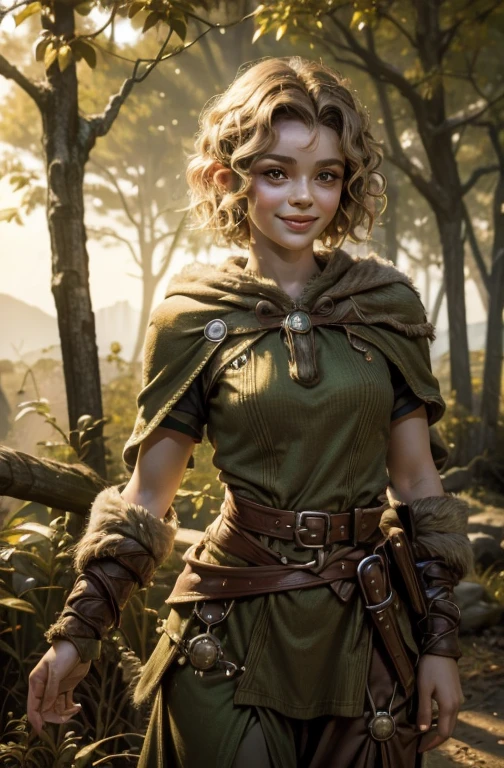 She's a half-elf, with short curly hair, cute and spritely with a twinkle in her eye and a smile on her face. 