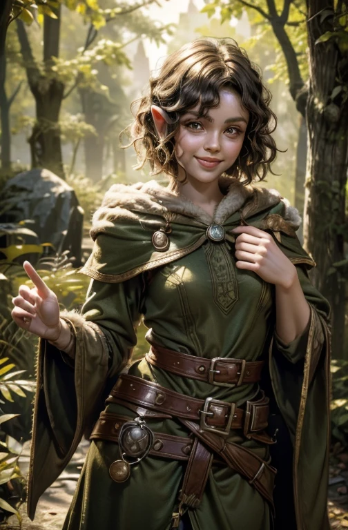 She's a half-elf, with short curly hair, cute and spritely with a twinkle in her eye and a smile on her face.