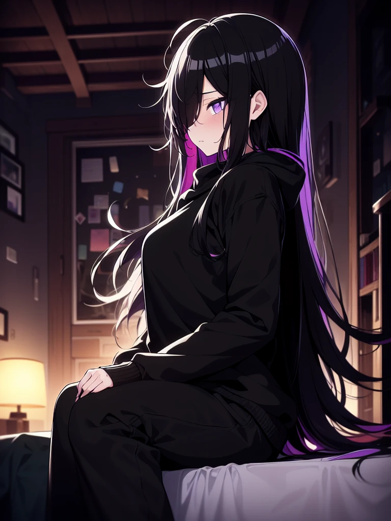 side view, colorful, (best quality, ultra-high resolution, depth of field:1.2), 1woman, (gothic), black hair, (long black hair), messy hair, hair over one eye, purple eyes, medium breasts, cozy sweater, hoodie, black soggy pants, (dimly lit room:1.2), melancholic expression, (somber atmosphere:1.3), sitting on a bed