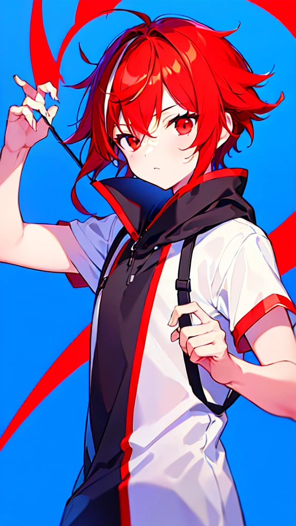 [(BLUE BACKGROUND:1.5),::5], ((((masterpiece)))), high quality, ultra very high resolution, full color, (((solo))), ((little boy)), ((Red hair)), (Black streaked hair), (oriental Red eyes), anime, ((upper body)), Summer clothes, neon light, black parka, 