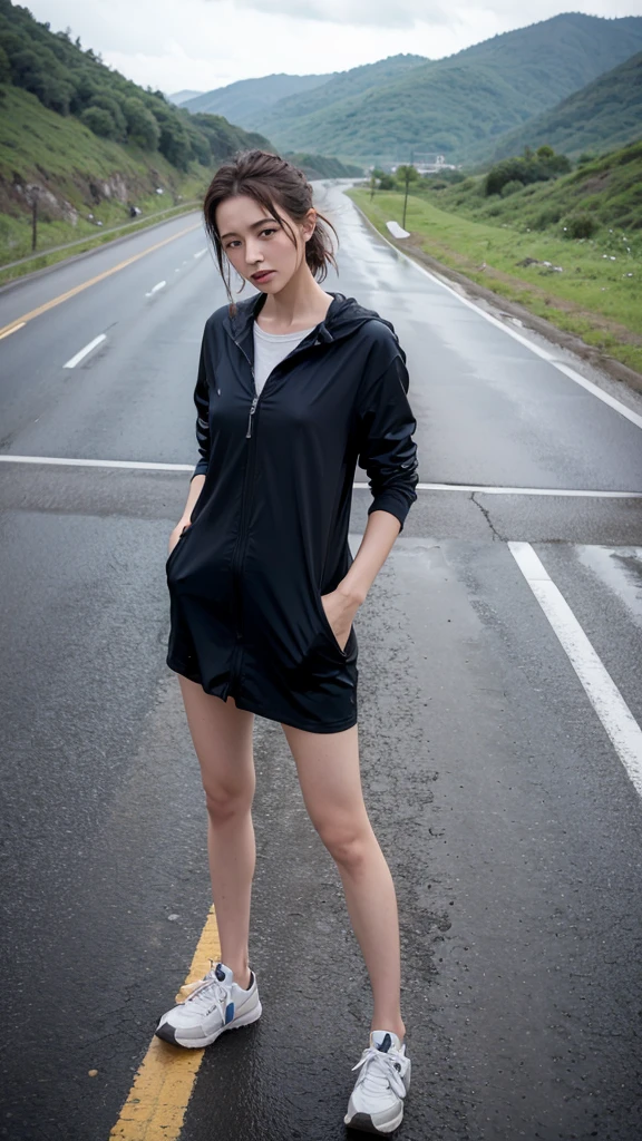 Hitchhiking woman　Stand on the side of the road　A large truck passing by　It rains　