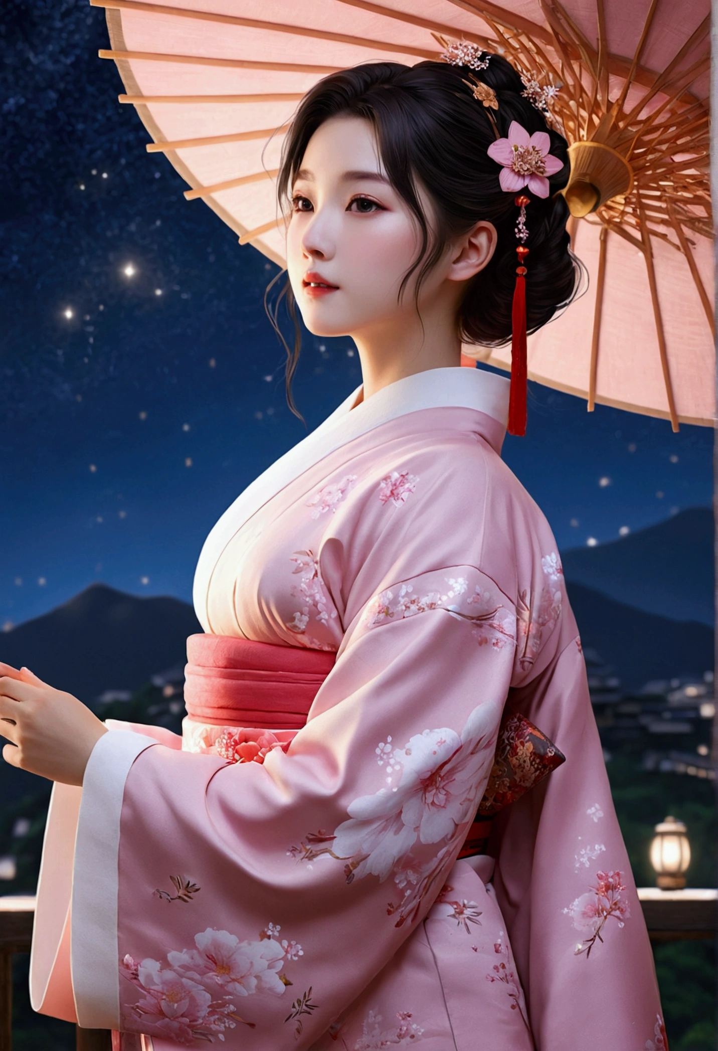 ((masterpiece,best quality)), highres, 1girl, fuxuan, kimono, blush, starry sky,