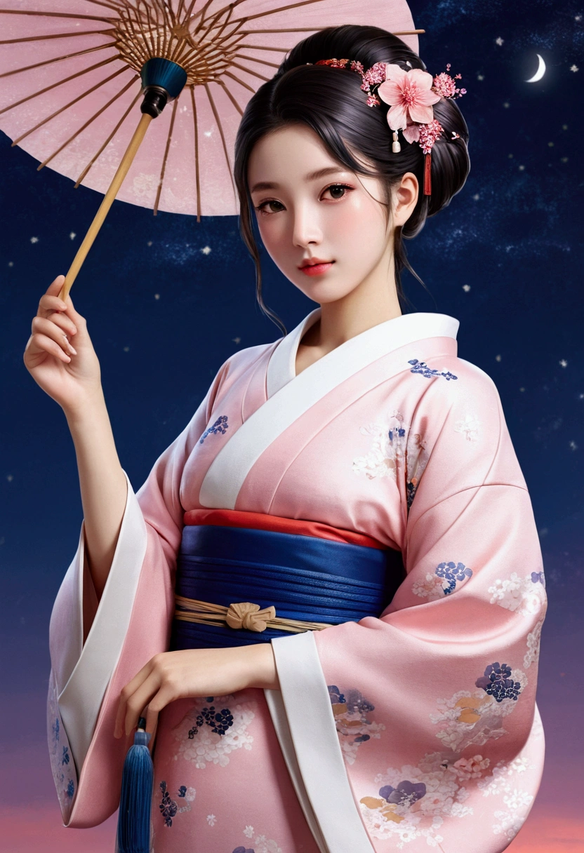 ((masterpiece,best quality)), highres, 1girl, fuxuan, kimono, blush, starry sky,