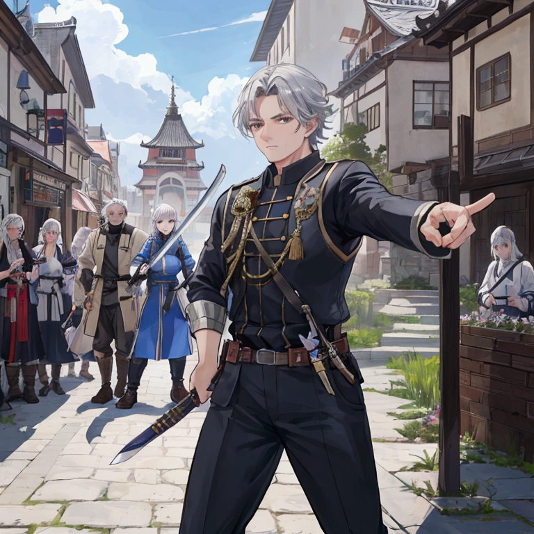 Middle-aged men、Gray Hair、Dressed as an adventurer、Holding a sword、Teaching residents the basics of defense and attack。A scene where the residents are being trained in the town square