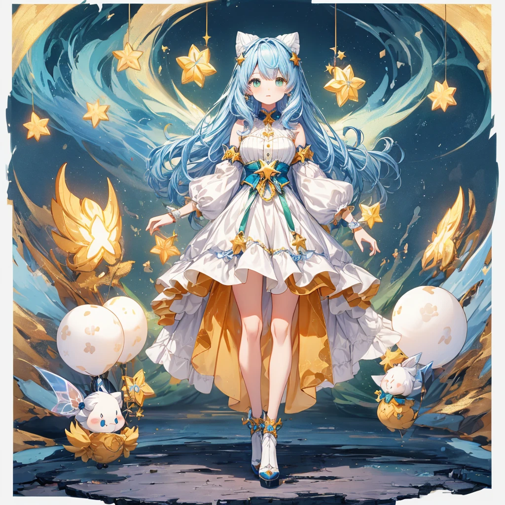 1girginal cute hairstyle、Star Fairy、Star incarnation、Character design front view、A picture facing the viewer、(((Super detailed、Highest quality、Masterpiece)))、Original cute hairstyle、Milky white and blue hair color、Simple Green Background、vtuber-fullbody,K,
