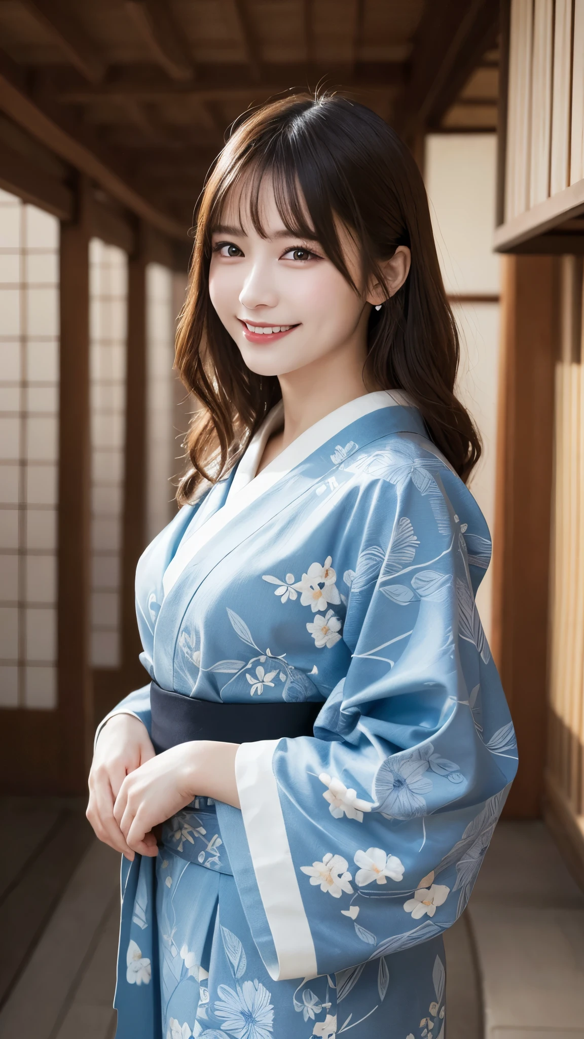 masterpiece, best quality, illustration, ultra-detailed, finely detailed, high resolution, 8K wallpaper, perfect dynamic composition, beautiful detailed eyes, traditional Japanese setting, elegant pose, kimono, smile, looking at camera