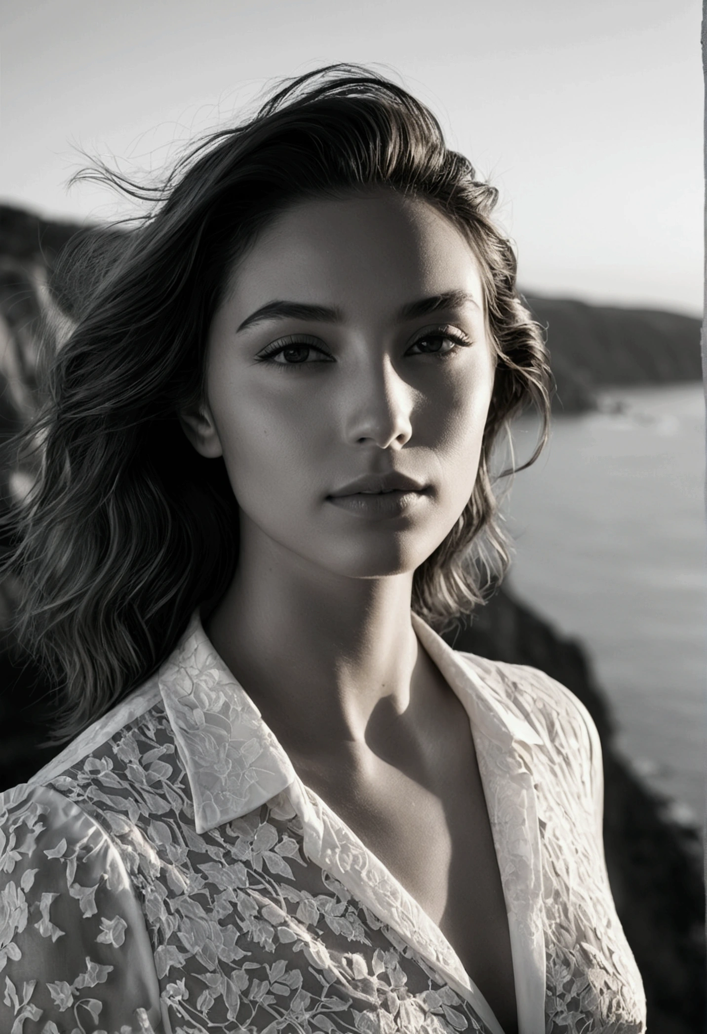 Ultra-realistic black and white cinematic sunrise portrait of a stunning 25-year-old female model. Framed by the golden hour's warm glow, she stands majestically on a cliffside overlooking serene waters. Perfectly symmetrical composition captures her confident pose, as morning light dances across her elegant features. Canon EF 24-70mm f/2.8L II USM lens and Sony A7R IV camera with Canon RF 15-35mm f/2.8L IS USM lens blend seamlessly to create an extraordinary image.