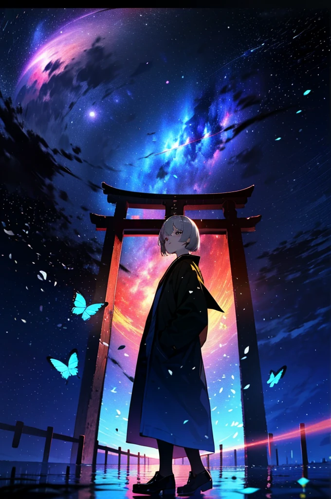 Thousand Torii Gates,Cherry blossom trees,coat,Put your hands in your pockets,(student, 18-year-old,beauty, Her short silver hair sways, Space-colored eyes, Pale skin, Tired face、Lack of eye sparkle\), (Many bright blue butterflies flying in the sky), (Shine in the sky), Beautiful starry sky,There are puddles on the ground、The scenery is beautiful, Colorful flowers are blooming everywhere, I see the wind blowing and shining,From below, break ,Highest quality\(8k,非常に精細なCGユニットのwallpaper, masterpiece,High resolution,Highest quality,Highest quality real texture skin,Surreal,Increase the resolution,RAW Photos,Highest quality,Very detailed,wallpaper,Cinema Lighting,Ray Tracing,Golden Ratio\),Have a long-term perspective,Anatomically correct.