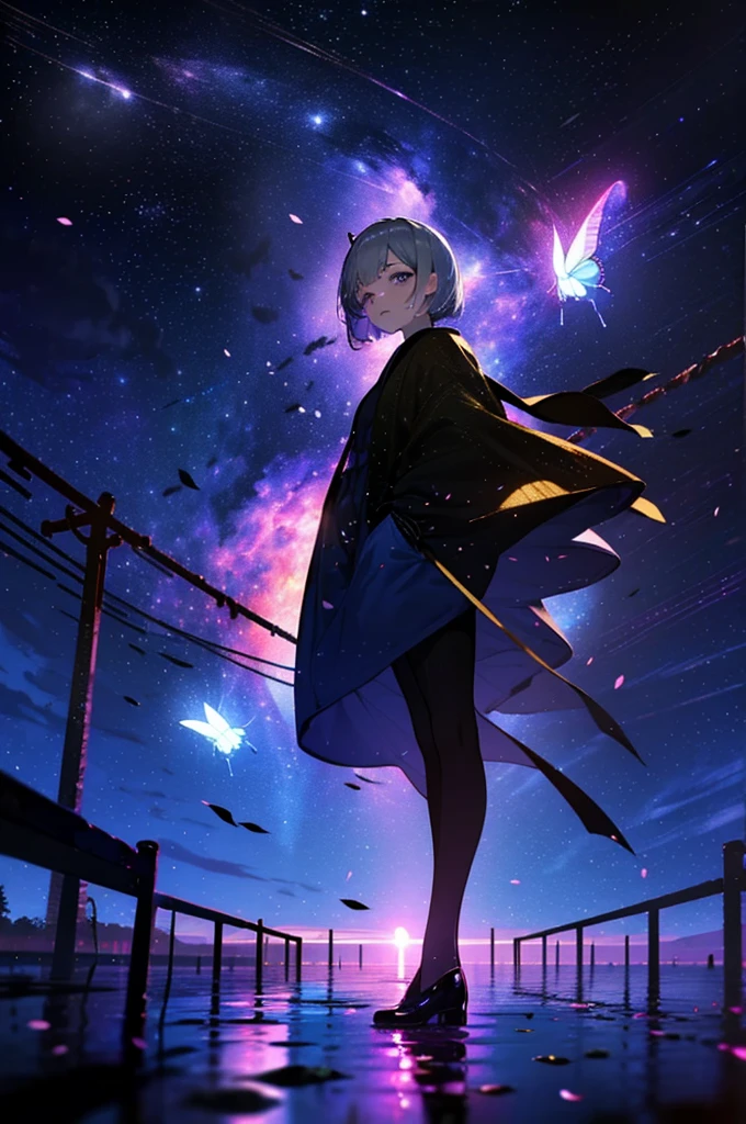 Thousand Torii Gates,Cherry blossom trees,coat,Put your hands in your pockets,(student, 18-year-old,beauty, Her short silver hair sways, Space-colored eyes, Pale skin, Tired face、Lack of eye sparkle\), (Many bright blue butterflies flying in the sky), (Shine in the sky), Beautiful starry sky,There are puddles on the ground、The scenery is beautiful, Colorful flowers are blooming everywhere, I see the wind blowing and shining,From below, break ,Highest quality\(8k,非常に精細なCGユニットのwallpaper, masterpiece,High resolution,Highest quality,Highest quality real texture skin,Surreal,Increase the resolution,RAW Photos,Highest quality,Very detailed,wallpaper,Cinema Lighting,Ray Tracing,Golden Ratio\),Have a long-term perspective,Anatomically correct.