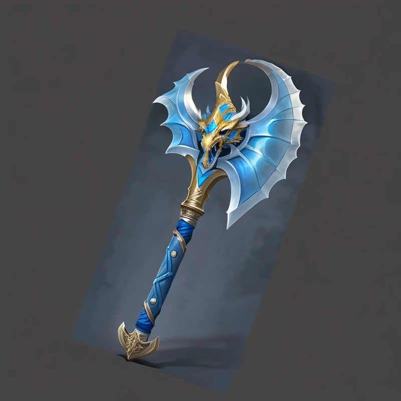 Close up of a blue and gold weapon with a dragon head, Fantasy weapons, Tomahawk, Tomahawk, Sword weapons, Fantasy Scythe, Role Playing Game Items, The style of the Ghost Slayer Blade, Hammer Weapon, Axe element, Leviathan Axe, RPG item rendering, epic Fantasy weapons art, Fantasy RPG Weapon Art, Intricate Fantasy Spear, Fantasy Blade