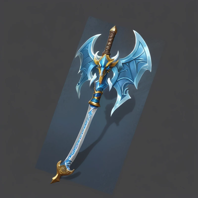 Close up of a blue and gold weapon with a dragon head, Fantasy weapons, Tomahawk, Tomahawk, Sword weapons, Fantasy Scythe, Role Playing Game Items, The style of the Ghost Slayer Blade, Hammer Weapon, Axe element, Leviathan Axe, RPG item rendering, epic Fantasy weapons art, Fantasy RPG Weapon Art, Intricate Fantasy Spear, Fantasy Blade
