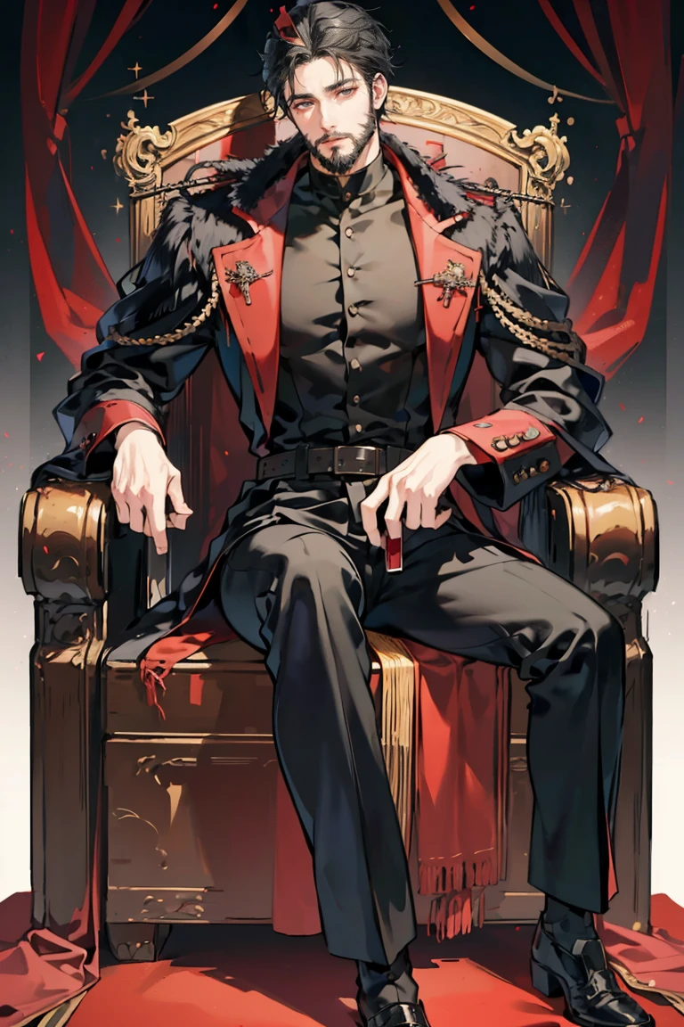 anime - (masterpiece), best quality, seductive eyes, mature face, black eyes, long black haircut, beard, plain black polo, red coat, black pants, tall man, long legs, masculine, massive body, adult-like, full body, adult king, he's sitting on a red throne with a crown on the handle of the throne