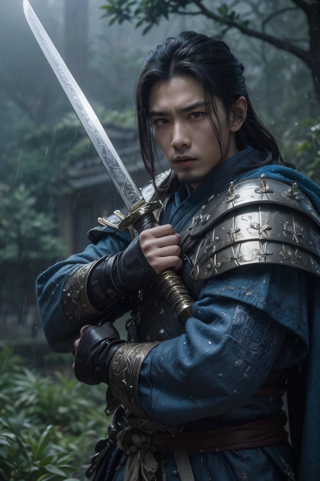 Arabian asian man in armour holding sword in the rain, Zhao Yun, Inspired by Zhu Dejun, Xianxia Hero, Authentic shiro, With a big sword, wuxia, Authentic, Feng Shui, Live-action movie stills, Inspired by Li Gonglin, A scene from a live-action movie, Jin Shan