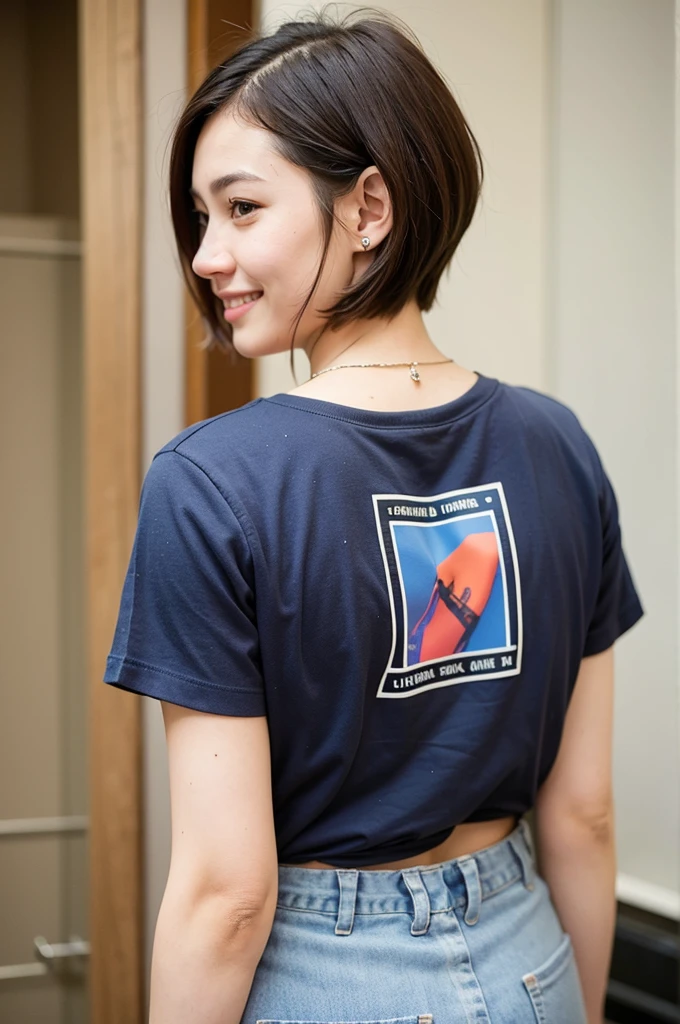Top quality, 1 beautiful woman, super short Hair, shy Smile, wearing t-shirt, back pose