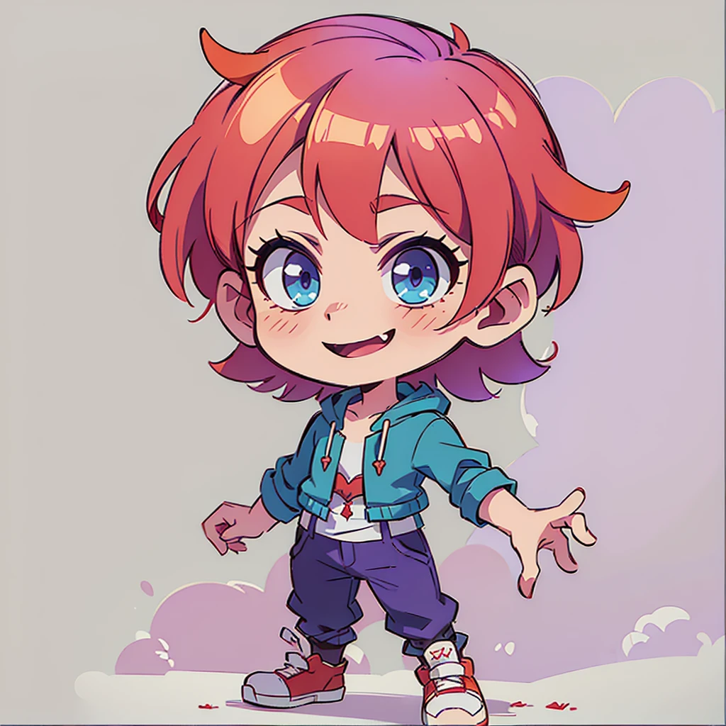 ((Two devil horns on his head))、boy、Purple hair、short hair、Blue-green eyes、Red cape vampire outfit