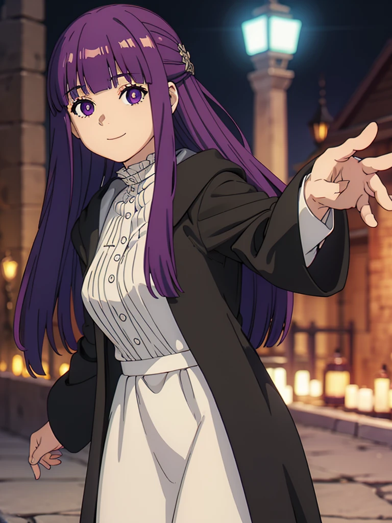 è²ä¼¦,1girl,solo,purple hair,long hair,purple eyes,blunt bangs,sidelocks,half updo,bright pupils, hair ornament,frilled collar,black robe,white dress,center frills,buttons,wide sleeves,long sleeves,curvy,cowboy shot,brown coat,from side,smile,, Exquisite visuals, high-definition,masterpiece,best quality,, 20yo,Young female,Beautiful Finger,Beautiful long legs,Beautiful body,Beautiful Nose,Beautiful character design, perfect eyes, perfect face,expressive eyes, looking at viewer, official art,extremely detailed CG unity 8k wallpaper, perfect lighting,Colorful, Bright_Front_face_Lighting,shiny skin, (masterpiece:1.0),(best_quality:1.0), ultra high res,4K,ultra-detailed, photography, 8K, HDR, highres, absurdres:1.2, Kodak portra 400, film grain, blurry background, bokeh:1.2, lens flare, (vibrant_color:1.2), (beautiful_face:1.5),(narrow_waist),