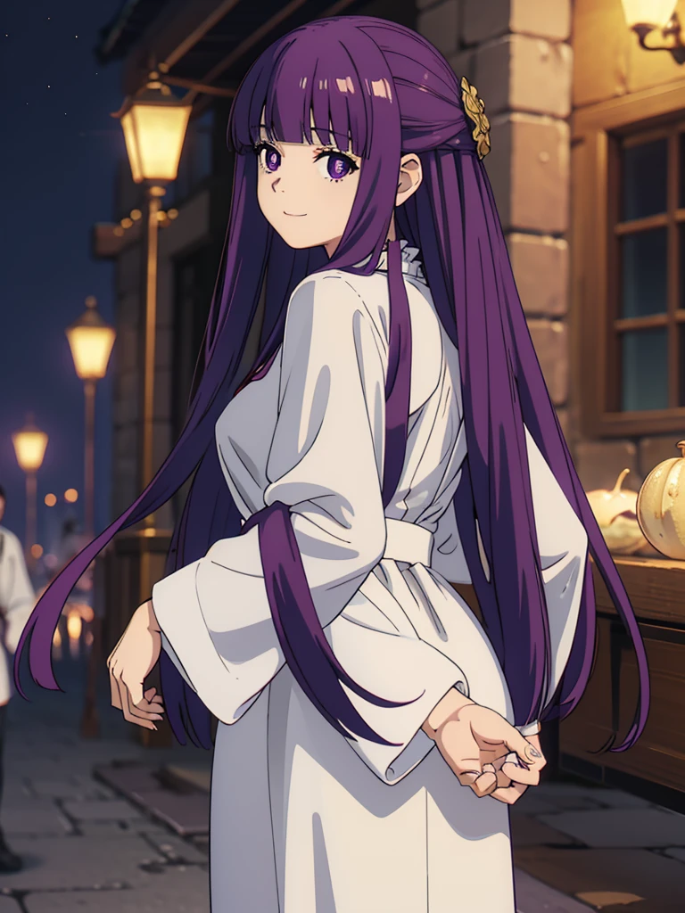 è²ä¼¦,1girl,solo,purple hair,long hair,purple eyes,blunt bangs,sidelocks,half updo,bright pupils, hair ornament,frilled collar,black robe,white dress,center frills,buttons,wide sleeves,long sleeves,curvy,cowboy shot,brown coat,from side,smile,, Exquisite visuals, high-definition,masterpiece,best quality,, 20yo,Young female,Beautiful Finger,Beautiful long legs,Beautiful body,Beautiful Nose,Beautiful character design, perfect eyes, perfect face,expressive eyes, looking at viewer, official art,extremely detailed CG unity 8k wallpaper, perfect lighting,Colorful, Bright_Front_face_Lighting,shiny skin, (masterpiece:1.0),(best_quality:1.0), ultra high res,4K,ultra-detailed, photography, 8K, HDR, highres, absurdres:1.2, Kodak portra 400, film grain, blurry background, bokeh:1.2, lens flare, (vibrant_color:1.2), (beautiful_face:1.5),(narrow_waist),