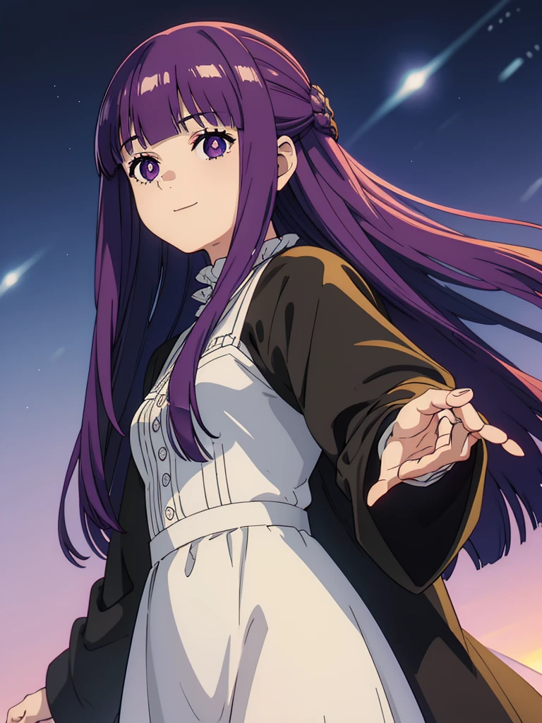 è²ä¼¦,1girl,solo,purple hair,long hair,purple eyes,blunt bangs,sidelocks,half updo,bright pupils, hair ornament,frilled collar,black robe,white dress,center frills,buttons,wide sleeves,long sleeves,curvy,cowboy shot,brown coat,from side,smile,, Exquisite visuals, high-definition,masterpiece,best quality,, 20yo,Young female,Beautiful Finger,Beautiful long legs,Beautiful body,Beautiful Nose,Beautiful character design, perfect eyes, perfect face,expressive eyes, looking at viewer, official art,extremely detailed CG unity 8k wallpaper, perfect lighting,Colorful, Bright_Front_face_Lighting,shiny skin, (masterpiece:1.0),(best_quality:1.0), ultra high res,4K,ultra-detailed, photography, 8K, HDR, highres, absurdres:1.2, Kodak portra 400, film grain, blurry background, bokeh:1.2, lens flare, (vibrant_color:1.2), (beautiful_face:1.5),(narrow_waist),