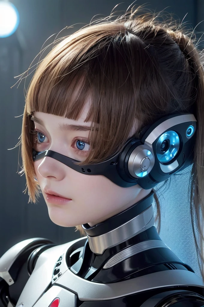 Close-up of a person with a robot head attached to a mobile phone, A mix of anime robots and organic matter, Robot wearing a human mask, Elle Fanning as an Android, Integrated synthetic android, Detailed face of android, Robot with a human face, Best AI Images, Cool Cyborg movie stills, beautiful crying! Android Woman, Cyborg - Girl, Perfect android girl