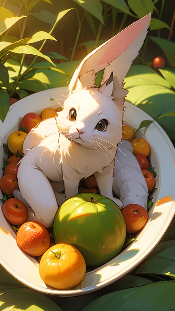 (Masterpiece, Award-winning, Best quality, high resolution) 3D illustration, 1 cute furry rabbit, wearing an outfit, lying on a bed of juicy and ripe fruits, surrounded by a colorful fruit garden.