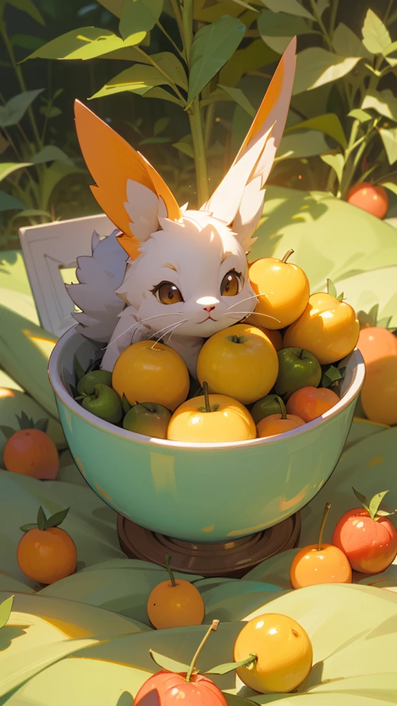 (Masterpiece, Award-winning, Best quality, high resolution) 3D illustration, 1 cute furry rabbit, wearing an outfit, lying on a bed of juicy and ripe fruits, surrounded by a colorful fruit garden.
