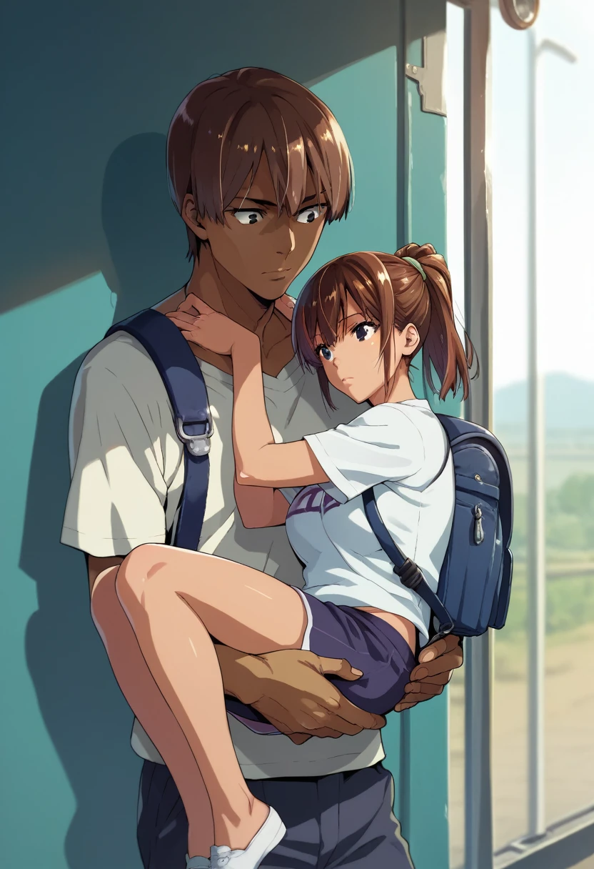 human, ((1girls)), 18 years old, beautiful, ponytail, brown hair, black eyes, Plain T-shirt outfit, Z cup breasts, ((brown skin)), fair body, 1m78, deserted, ((Takeda Hiromitsu style)), carry a backpack, vail travel, train,