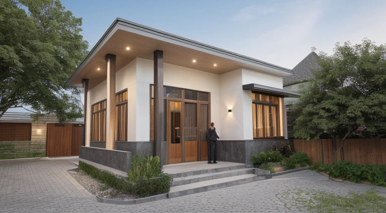 a view of a modern home with a large front yard, main material by white wall and stone and wood,  1 road runs in front of the house,  (RAW photo, real, best quality, masterpiece:1.2), look morden minimalist, 1 road in front of the house, shime ring light, light brighteness from indoor:1.2, dynamic lighting:1.3, (hyper realistic, photo-realistic:1.2), high quality, day lighht, hight contrast :0.5 perfect lighting, archdaily,  award winning contemporary, contemporary masterpiece, well-designed masterpiece, large modern residence, neotraditional modern, wide angle exterior 2022, midcentury modern, contemporary house, hip modern vibe, a long-shot from front, award winning modern design, stunning lines, residential, subtle detailing, light indoor:1.3