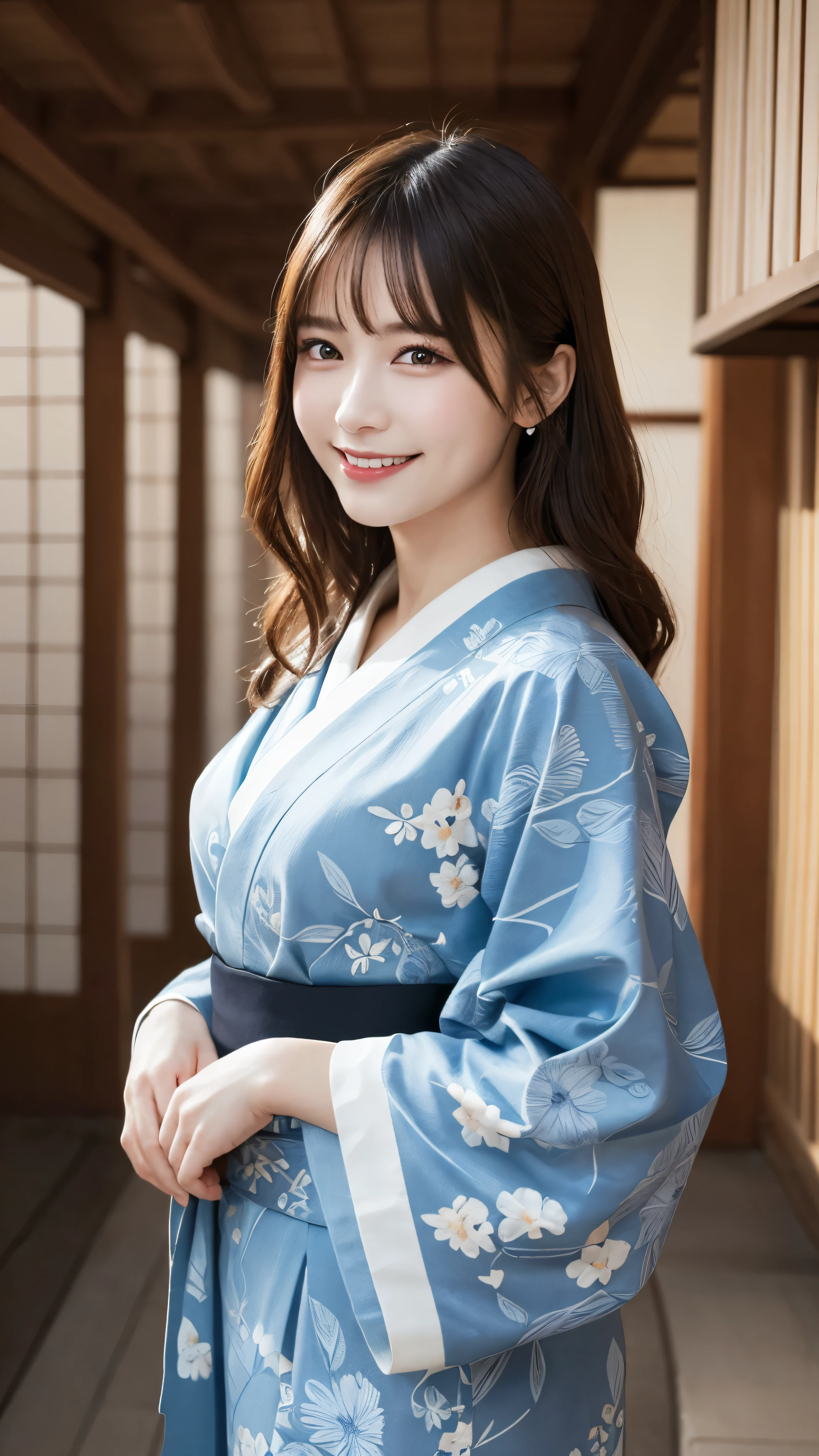 masterpiece, best quality, illustration, ultra-detailed, finely detailed, high resolution, 8K wallpaper, perfect dynamic composition, beautiful detailed eyes, traditional Japanese setting, elegant pose, kimono, smile, looking at camera