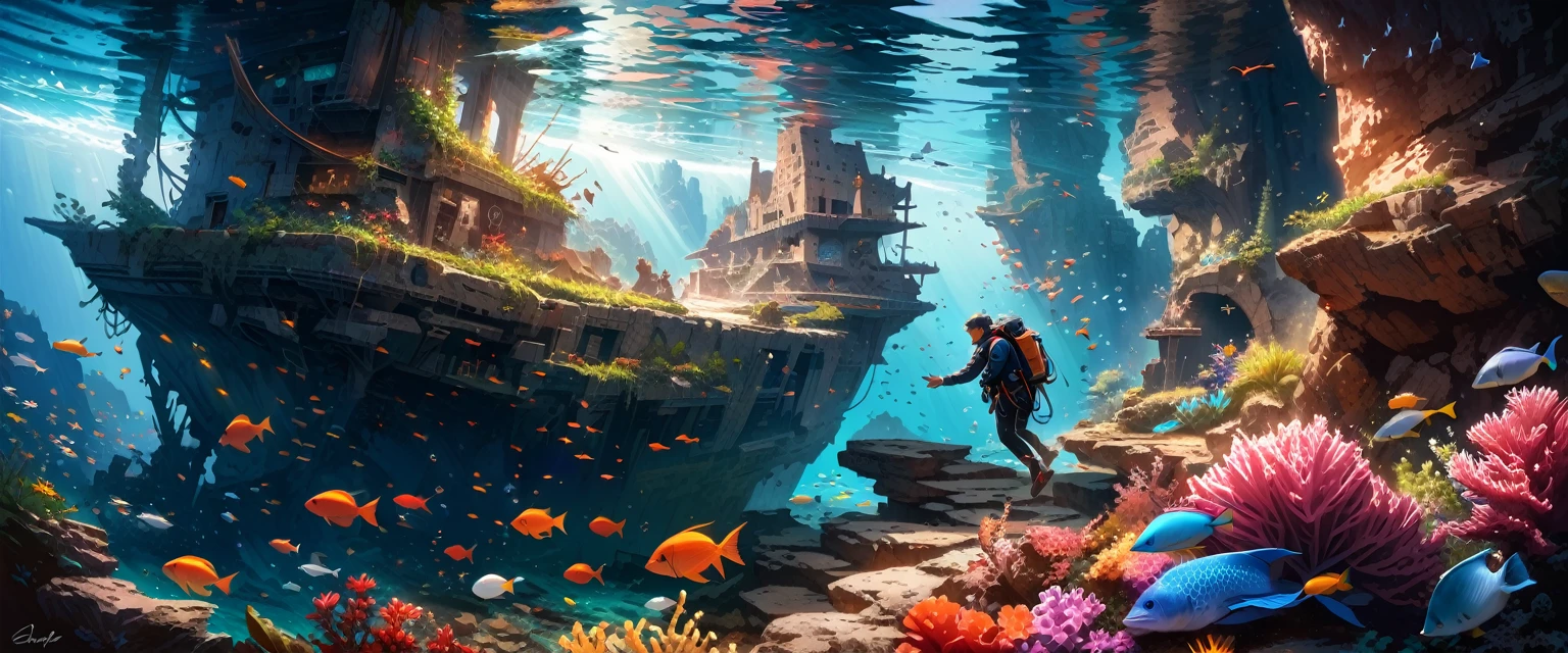 (best quality,4k,8k,highres,masterpiece:1.2),ultra-detailed,(realistic,photorealistic,photo-realistic:1.37),diving,1diver,girl,scuba diving outfit,underwater adventure,looking for Atlantis,sunken mythical city,beautiful detailed eyes,beautiful detailed lips,extremely detailed eyes and face,longeyelashes,clear water,coral reefs,fish swimming,bioluminescent creatures,colorful underwater plants,deep sea exploration,dramatic sunlight filtering through the water,sparkling ocean waves reflecting the light,thrilling underwater discovery,mysterious ancient ruins,crumbling architecture,rusty shipwrecks,endless blue depths,undiscovered treasures,exploring the depths with curiosity and determination,vibrant colors blending harmoniously,diver gracefully navigating the underwater world,peaceful yet exciting atmosphere,ethereal and enchanting scenery,dreamlike underwater landscape,uncovering the secrets of the deep sea,tangled seaweed swaying gently,interaction with marine life,deep breath as the diver prepares to dive,bubbles rising to the surface,weightlessness,feeling one with the ocean