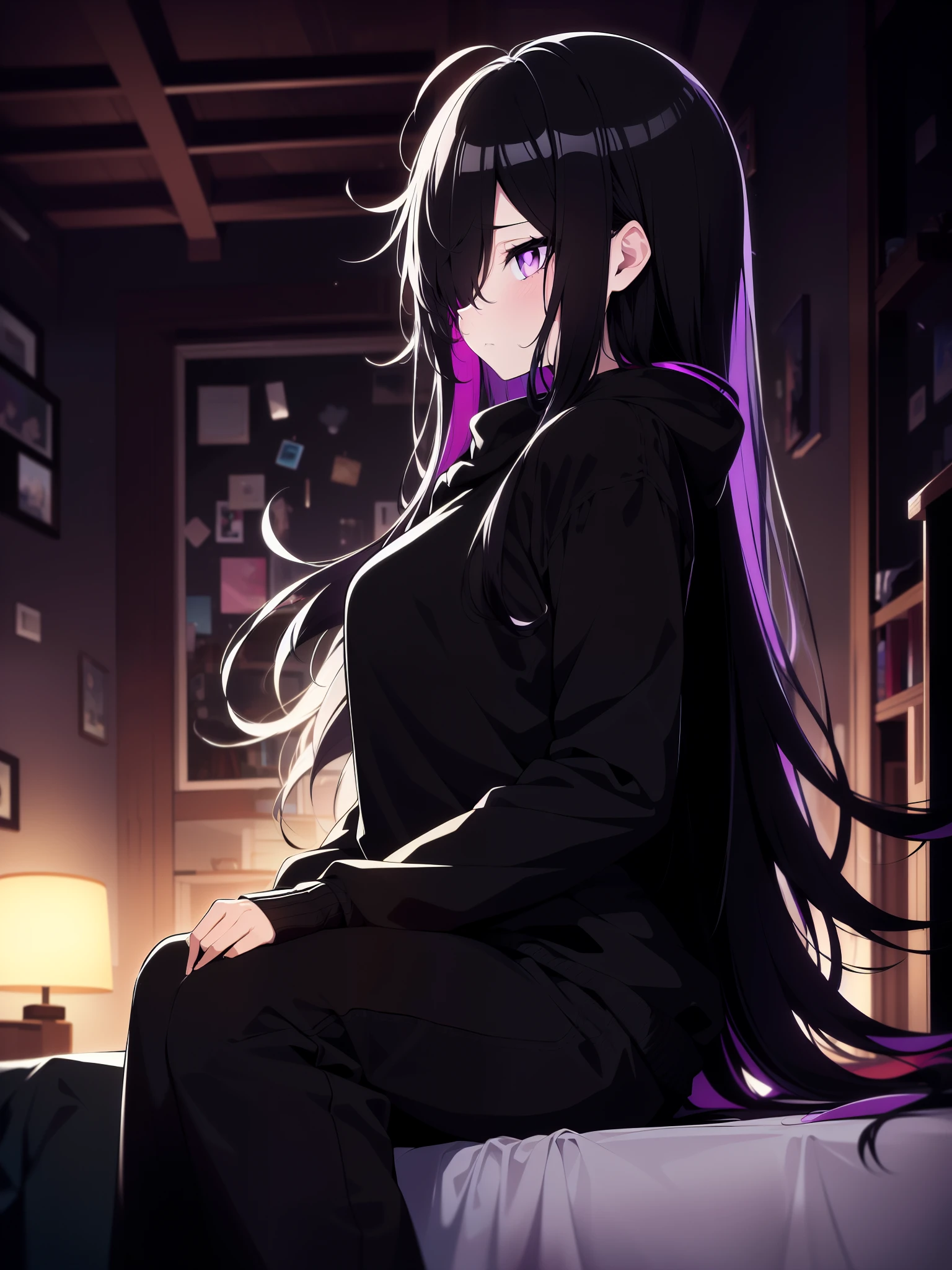 side view, colorful, (best quality, ultra-high resolution, depth of field:1.2), 1woman, (gothic), black hair, (long black hair), messy hair, hair over one eye, purple eyes, medium breasts, cozy sweater, hoodie, black soggy pants, (dimly lit room:1.2), melancholic expression, (somber atmosphere:1.3), sitting on a bed
