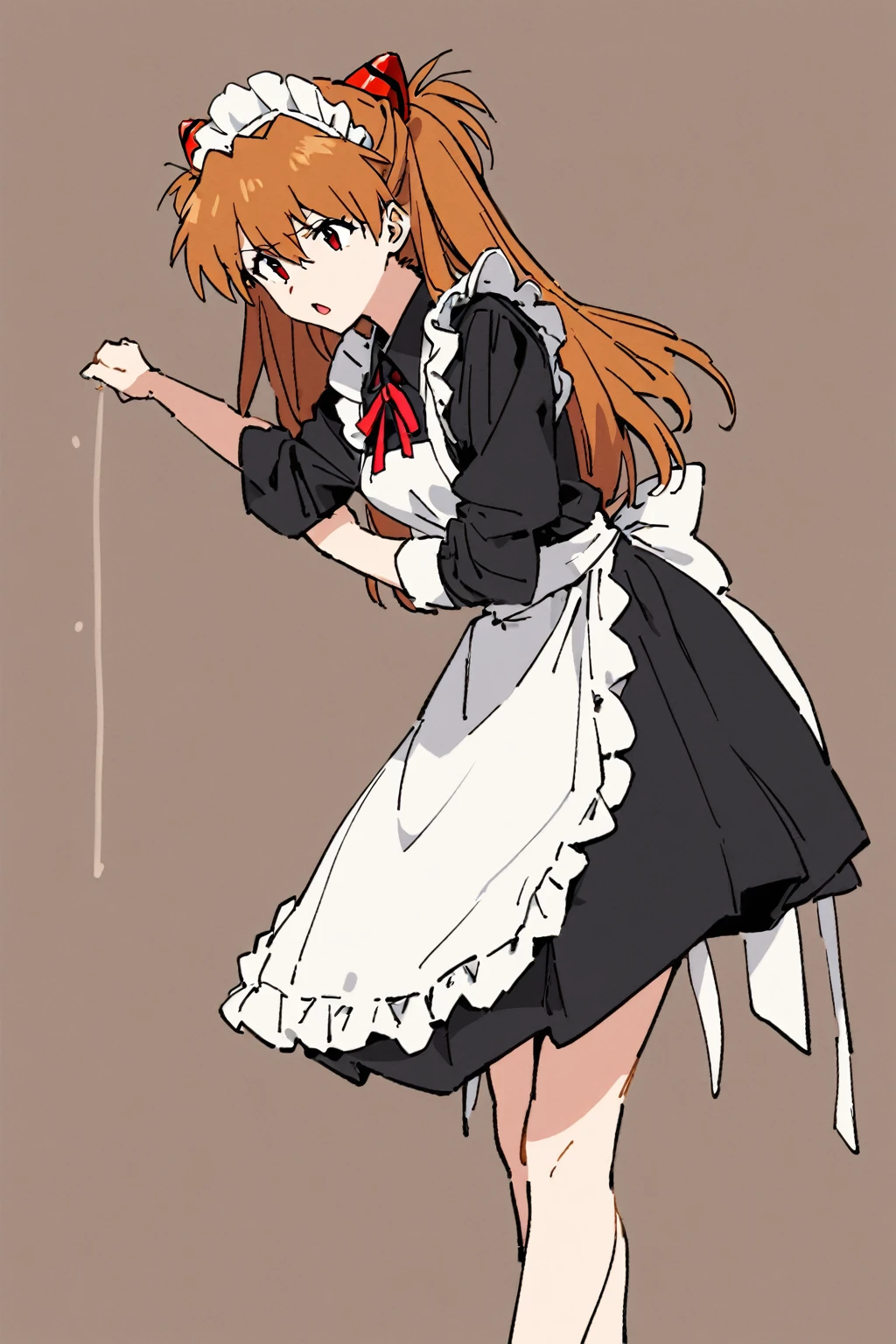 1 girl, souryuu asuka langley, Neon Genesis Evangelion, maid, Solitary, maid headskirt, arms, apron, Keep, Long hair, Keep arms, Brown background, maid apron, Gray hair, Miss, Simple background, Red Eyes, boundary, Shut up, white boundary, skirt, Bangs, white apron, black skirt, Two-handed, Lean forward, Long sleeve