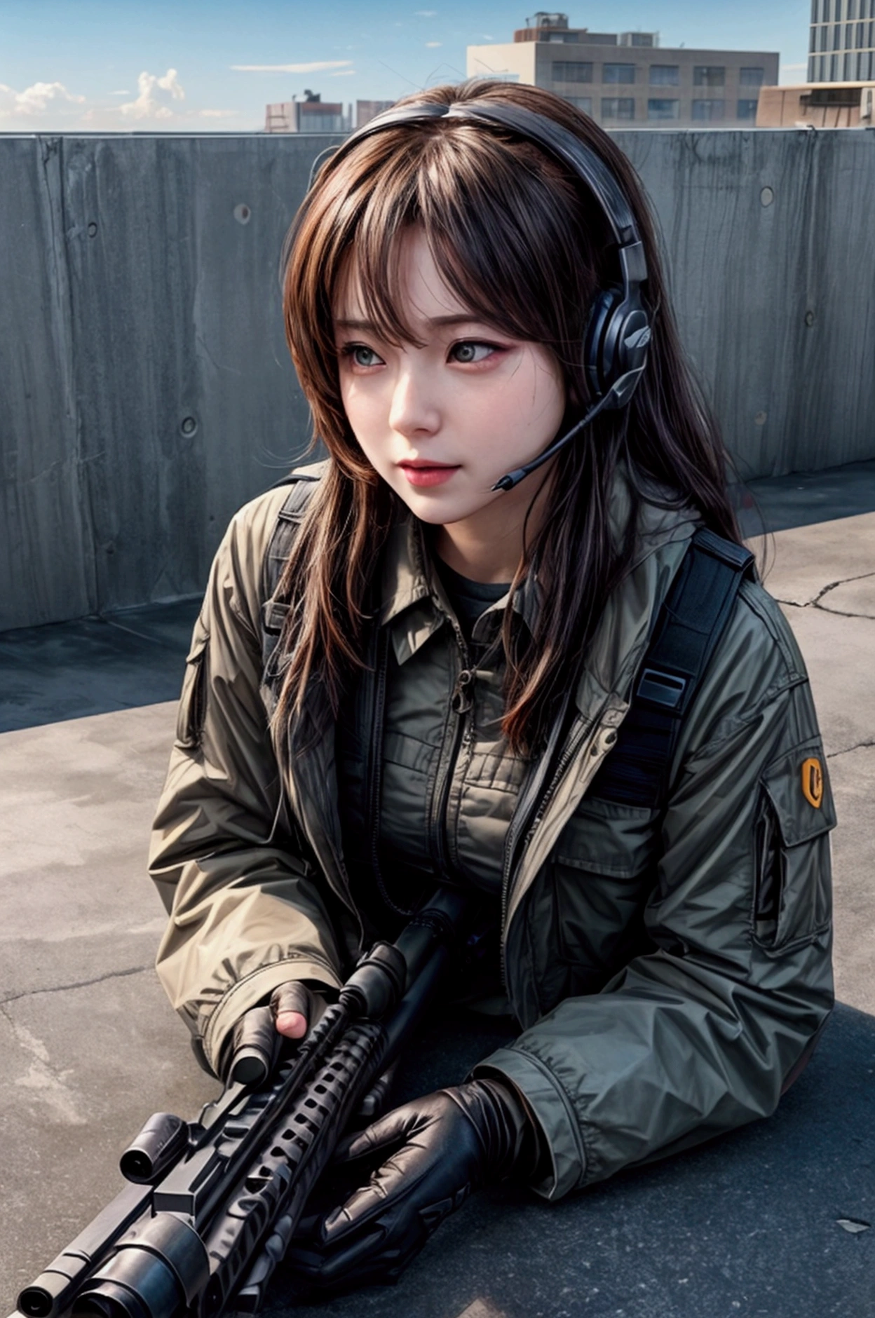 masterpiece,Highest quality,8k,High resolution,Raw photo,Professional,
Physically Based Rendering,Thin contours,
Building district,A sniper shoots at a target on the roof of another building,
He hides in a corner of the rooftop with his rifle at the ready. (The rifle is assembled)
(Lie face down with a rifle in hand),(Wearing the headset),
(I&#39;m excited with anticipation),
