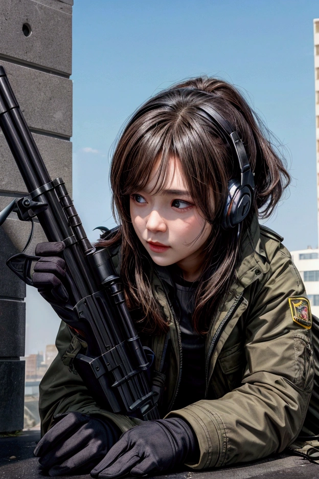 masterpiece,Highest quality,8k,High resolution,Raw photo,Professional,
Physically Based Rendering,Thin contours,
Building district,A sniper shoots at a target on the roof of another building,
He hides in a corner of the rooftop with his rifle at the ready. (The rifle is assembled)
(Lie face down with a rifle in hand),(Wearing the headset),
(I&#39;m excited with anticipation),
