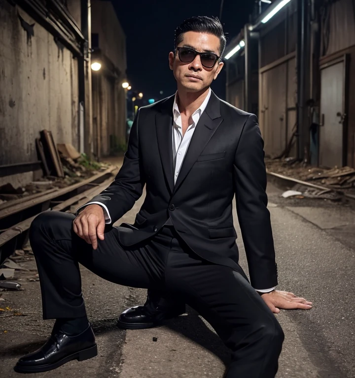 50 years old,One Man,Black Suit,Abandoned factory at night、mafia、Bend、Spread your legs wide、Hold a gun,Open your legs more,logic,Gay ,Very Short Hair,Stubble,Black sunglasses,Asian Faces,Masculine,The groin area swells、Erotic ,looking at the camera