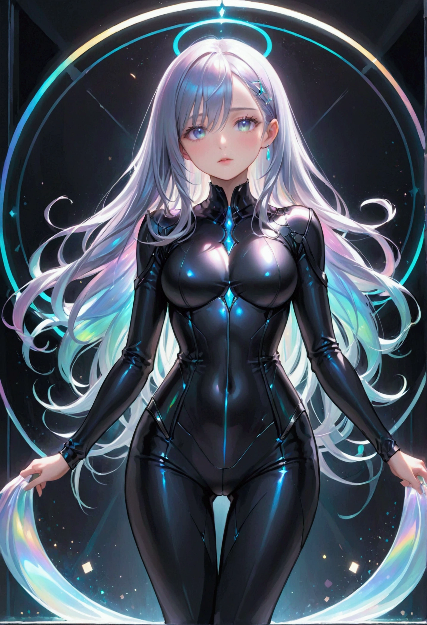 body type features a narrow waist with wider hips and shoulders, giving it an hourglass shape, long iridescent hair, iridescent eyes,black suit
