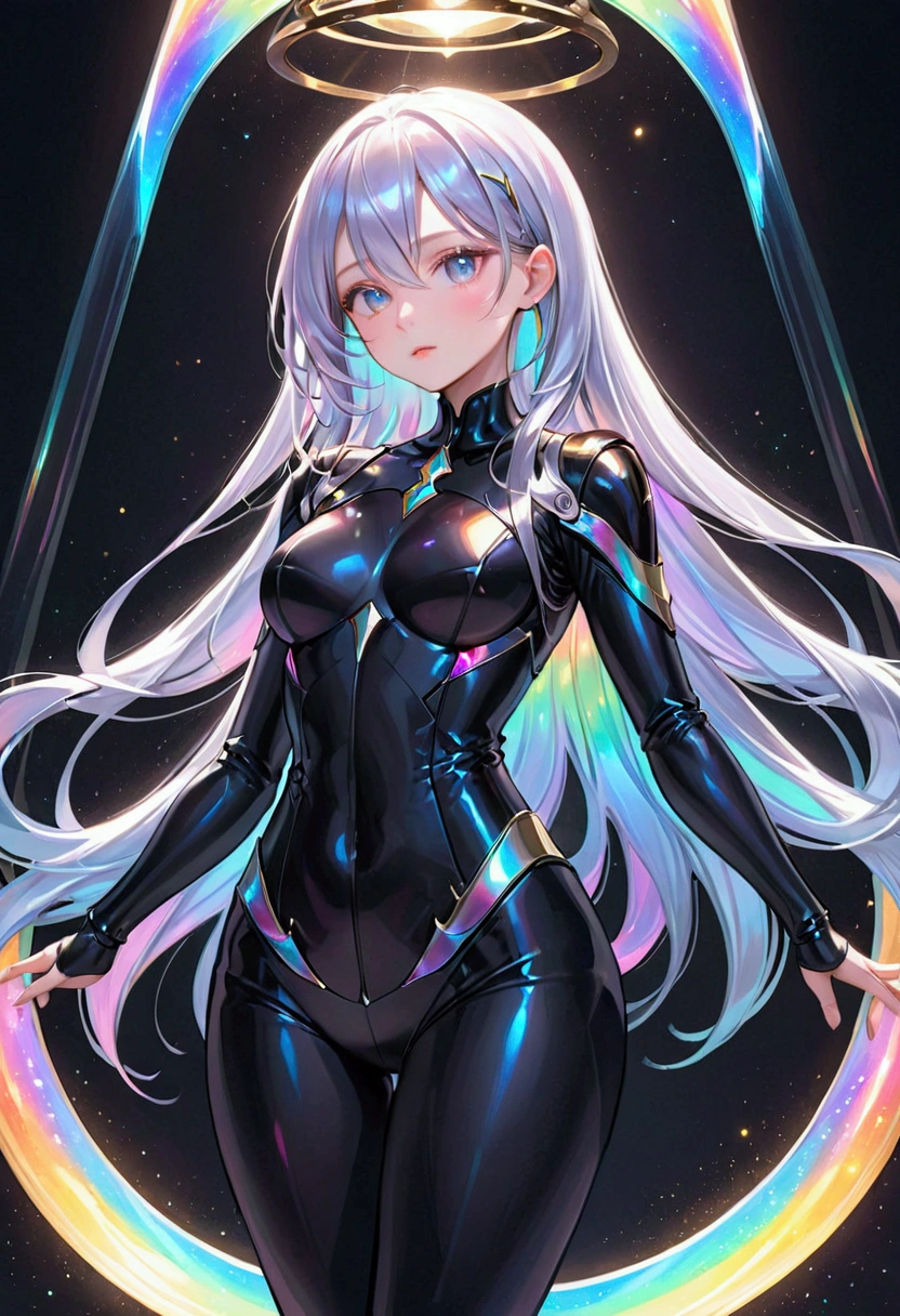 body type features a narrow waist with wider hips and shoulders, giving it an hourglass shape, long iridescent hair, iridescent eyes,black suit